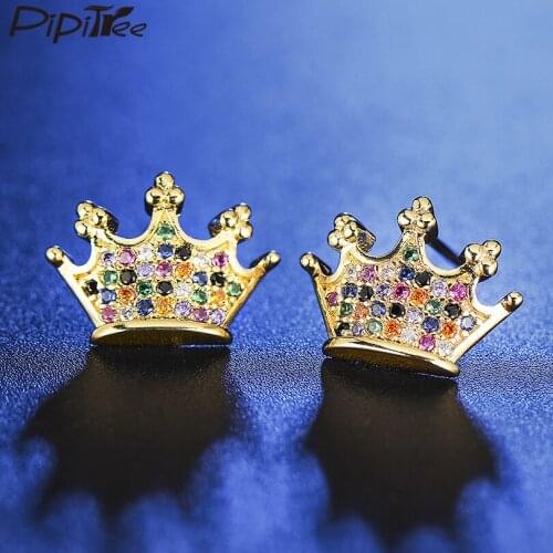 Pipitree Zircons Jewelry Crown Stud Earrings for Women Lady Girls Cubic Zirconia Earrings Ear Studs Birthday Jewellery Gift