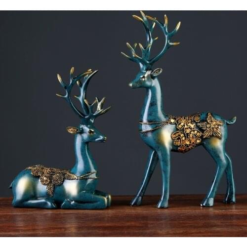 European style 2 Pcs Resin Deer Figurine Statue Home Living Room Decor Crafts Sculpture Creative Gifts Modern Desktop Ornament