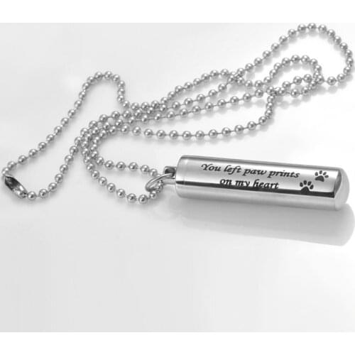 You Left Paw Prints On My Heart Pet Gift Stainless Steel Cylinder Ashes Urn Pendant Cremation Memorial Keepsake Necklace Jewelry