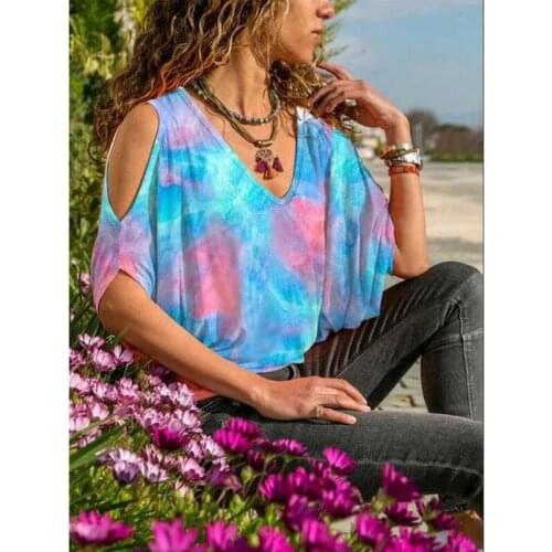 Spring and Autumn Popular European and American Womens Bat Sleeve Off Shoulder Short Sleeve Printed T-shirt Om9346