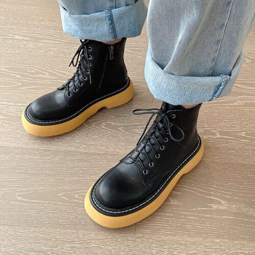 Brand Design Women Ankle Boots Autumn Winter Fashion Lace-Up Platforms Thick Heels Genuine Leather Casual Shoes Woman
