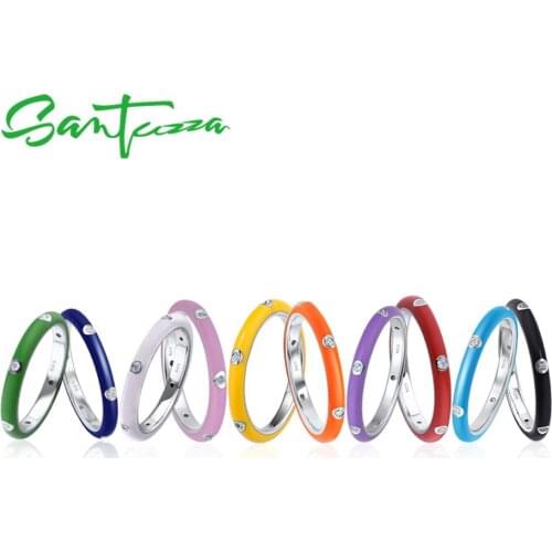 SANTUZZA Rings For Women Pure 925 Sterling Silver Colorful Rainbow CZ Eternity Stackable Ring Fashion Jewelry Handmade Enamel