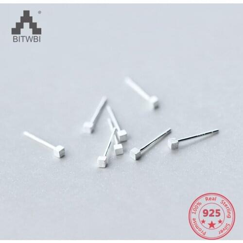 925 Sterling Silver Stud Earrings Women Brushed Mini Daily Cute Simplicity Small Square Geometric Ear Jewelry Holiday Gift
