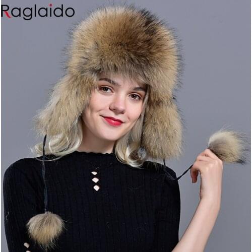 Woman Natural Raccoon Fox Fur Bomber Hats Fluffy Winter Warm Windproof Russian Earflaps Trapper Hat