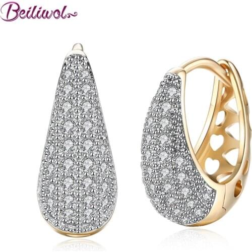 Beiliwol Dangle Earrings for Women Water Drop Champagne Gold Color Zircon Crystal Hollow Fine Jewelry Accessories Female Gift