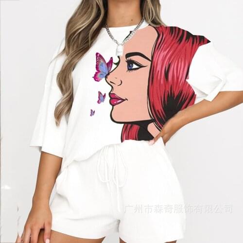 Beauty Butterfly Print White Loose Two Piece Set Women O Neck T Shirt Short Sleeve Sport Shorts Suit Casual Summer Plus Size New