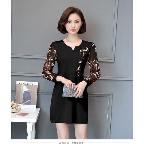 2017 summer autumn Chiffon lady printing dress, embroidered seven point sleeve temperament, self-cultivation lady plus size 5X