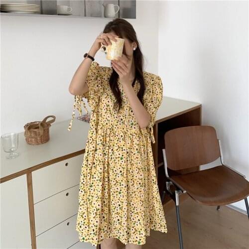 COIGARSAM French Style Floral Print Women dress Vintage Single Breasted High Waist V-Neck Dresses Yellow Green 97080