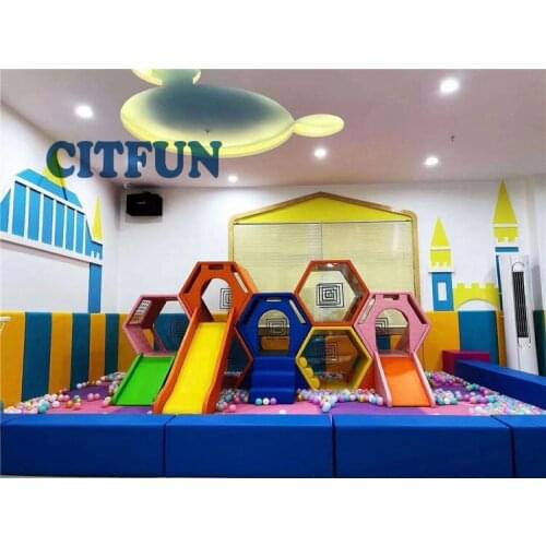 Eco-friendly kids indoor software wooden play kids soft foam climbing slide honeycomb maze