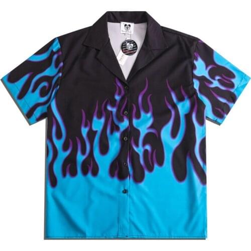Blue Flame Printed Hawaiian Men Summer Short Sleeve Beach Casual Holiday Couple Streetwear Hip Hop Harajuku Shirts Tops