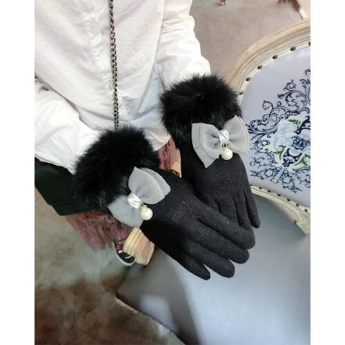 Rabbit Hair Bow Cashmere Gloves Korean Winter Plus Velvet Thickening Womens Fashion Touch-Screen Slimming Finger Warm Gloves