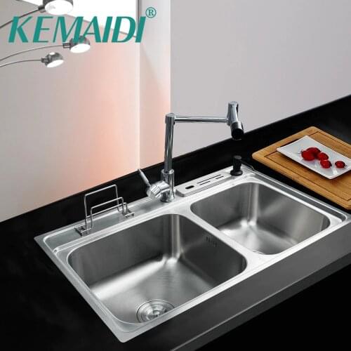 KEMAIDI Kitchen Stainless Steel Sink Bowl Kitchen Washing Vegetable Double Bowl High Quality SS-128528-4/112 With Swivel Faucet