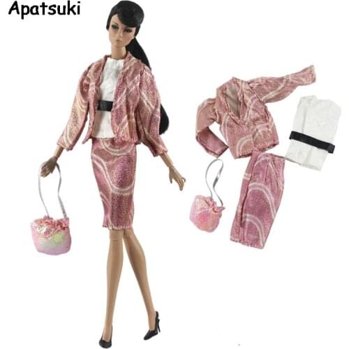 Pink Fashion Doll Clothes Set for Barbie Doll Outfits Coat Shirt Skirt Handbag Purse Party Costume 1/6 Dolls Accessories Kid Toy