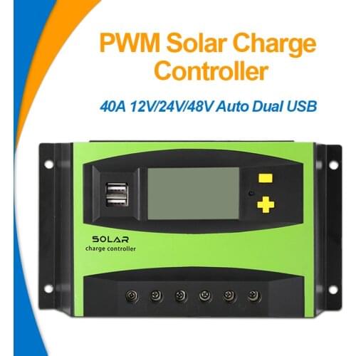 40A Solar Controller Dual USB PWM Solar PV Charge Regulators Regulator 12V 24V Battery Automatic Identification LCD Display