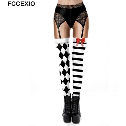 FCCEXIO Lace Stripe 3D Print Halloween Tight Leggings Sports Women Fitness Sexy Skinny Leggins Pant Women Party Long Pants