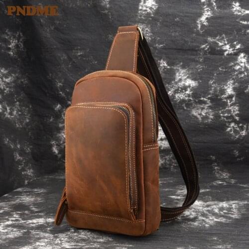 Crazy horse cowhide mens small chest bag vintage high quality genuine leather messenger bags simple casual sports shoulder ba