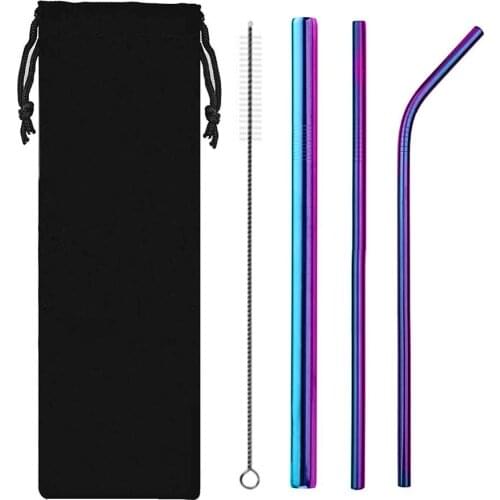 5 Pcs Portable 304 Stainless Steel Metal Drinking Straws Colorful Reusable Eco-Friendly Bar Party Straw Set With Brush And Bag