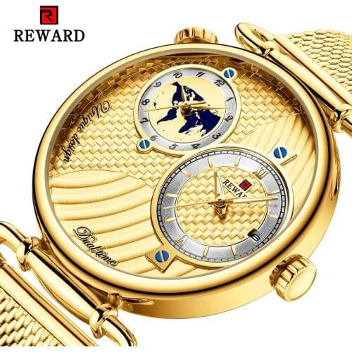 REWARD 2020 Luxury Golden Mens Quartz Watches Braided Shape Dial Multiple Time Zone Display Mesh Belt Top Brand Business Watch