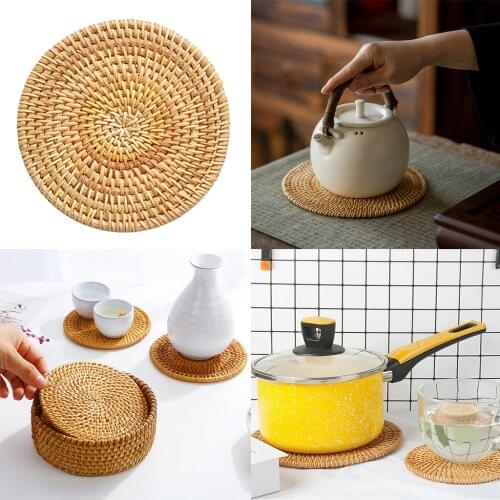 Natural Ratten Wickers Heat Insulated Cup Mat Round Shape Hand-made Kitchen Placemat Natural Rattan