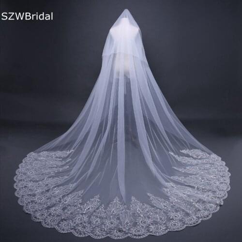 New Arrival Two Layers Cathedral Wedding Veils Long Lace Appliques with Beading Crystals Bridal accessories Sexy Bride veil
