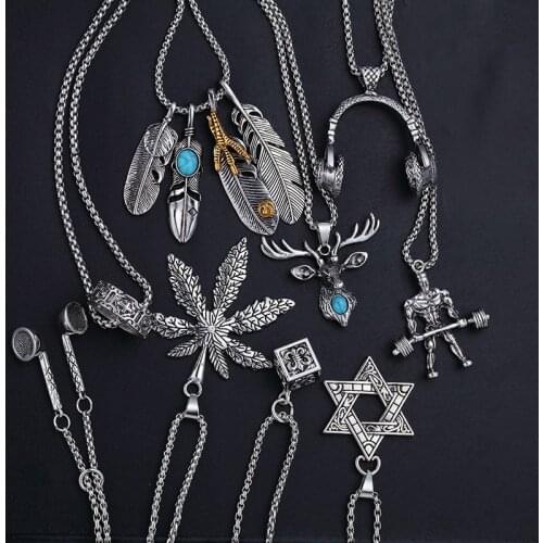 Punk Style Feather Deer hexagon Stainless Steel Necklace Pendant Fitness Man Headset Shape Jewelry Gift for Party Sweater Chain