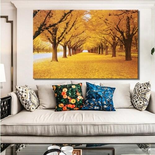 Modern Golden Trees Landscape Posters and Prints Wall Art Canvas Painting The Golden Road Pictures for Living Room home Decor