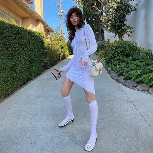 Casual Solid Knit Rib Black White Mini Dress for Women 2021 New Autumn O Neck Long Sleeve Irregular Slim Club Dress Streetwear