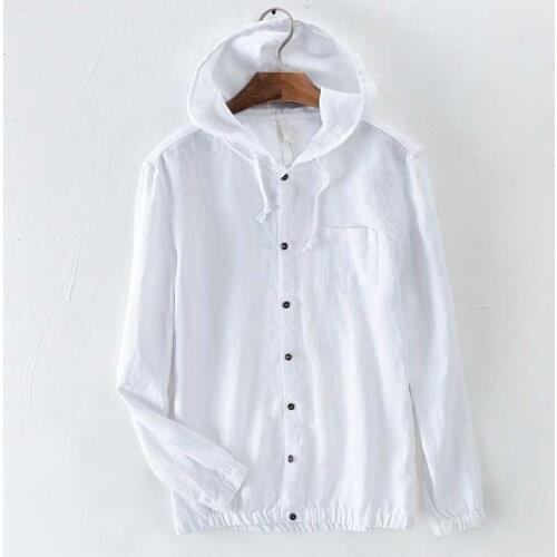 Summer Hooded Linen Shirt Long Sleeve Summer Men Casual Shirts Breathable Thin Soft Skin Sunlight Protection Male Clothing