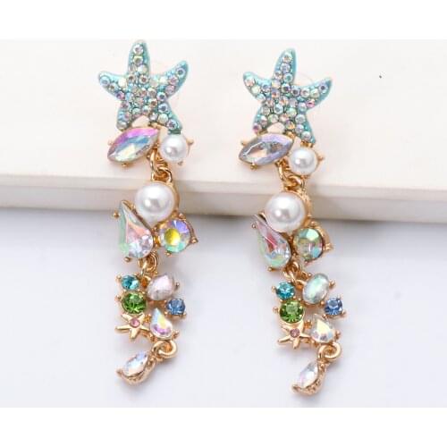 New Vintage Metal Long Imitation Pearls Crystal Earrings Statement Colorful Stone Starfish Earring For Women Jewelry Accessories
