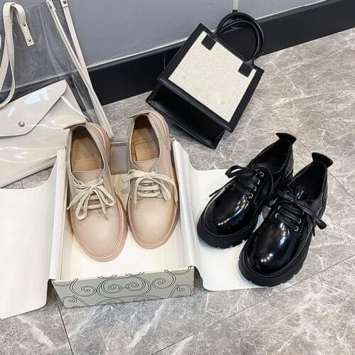 Small Leather Shoes 2021 New Spring and Summer All-Match Flat Loafers Chunky Heel Platform Lace-up Shoes Women