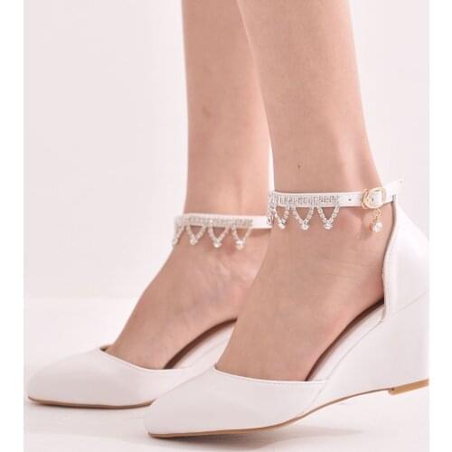 Spring Pointed Toe Wedge High Heel Lace Sandals Tassel Pearl Party Dress Women Large Size Bride Bridesmaid Wedding Shoes H0069