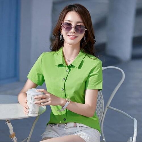 High Quality Plus Size Fashion Korean Polo Shirts Women Short Sleeve Cotton Casual Polos Tops Female Turn-Down Collar Button