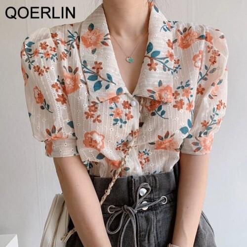 QOERLIN Heavy Embroidery Print Floral Shirt Women Turn-Down Collar Puff Sleeve Single-Breasted Hollow Out Blouse Chic Button Top