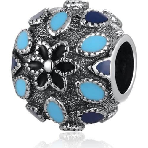 Authentic S925 Silver Beads For Women DIY Jewelry Making fit Lady Bracelet Bangle Blue Enamel Cathedral Rose Charms