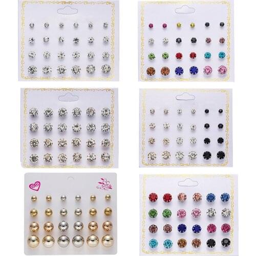 Transparent Color Mixed Color Round Zircon Card Earrings Colorful Shiny Female Fashion Gift Earrings Jewelry 12 Pairs