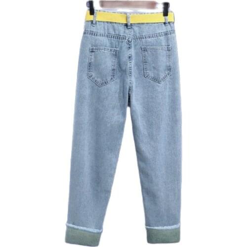 2021 Female Spring Autumn Rotten Jeans Women Loose Thin Color Matching Frayed Trousers Embroidery Straight Cropped Trousers A245