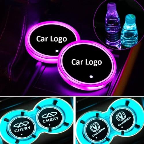 2pcs Led Car Logo Water Cup Pad for Changan CS Eado Chery Tiggio QQ Haval H6 H9 Dongfeng Geely Brilliance Acrylic Light Mats