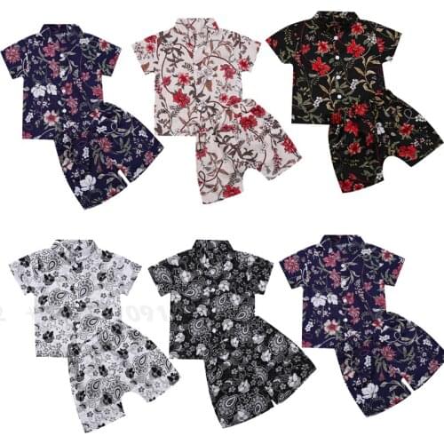 2021 Kids Baby Boy Gentleman Clothing Two Piece Set Lapel Short Sleeve Floral Printed Button Shirt+Shorts Holiday Beach 2Pcs Set