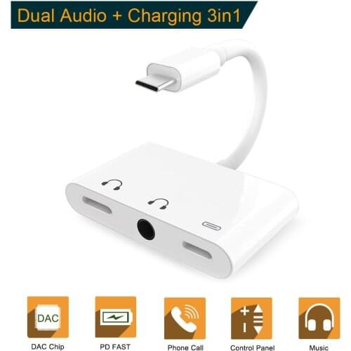 3in1 Type C Adapter Fast Charging Audio Charger Splitter Dual USB C 3.5mm Music Call OTG Adapter For iPAD Pro 2018 Samsung S9 LG