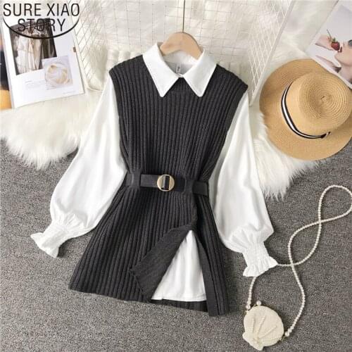 White Shirt Tops Female Knitted Vest Shirt Two-piece Set 2021 New Spring and Autumn Long Shirt Loose Clothes Blusas Mujer 16050