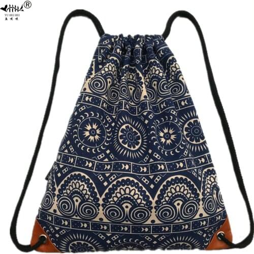 Bohemian Backpacks Bags for Women Lady Canvas Drawstring Backpack Bag Shopping Sack Travel Sport Lightweight Bags free shipping