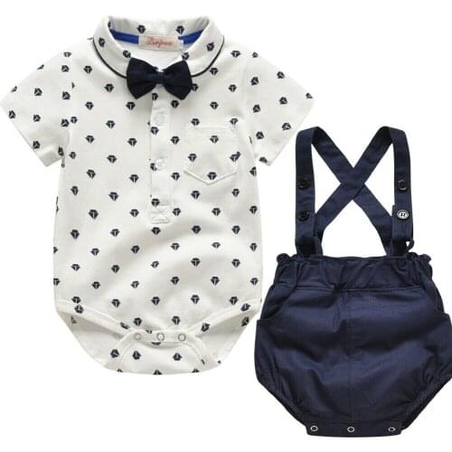 Children Baby Clothing 2PCS Cute Newborn Infant Baby Boys Outfit Clothes Bow Tie Romper Tops+Overall Shorts Pants 2Pcs Set