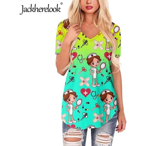 Jackherelook Harajuku Shirts Yellow and Green Gradient Cartoon Nurse Print Short Sleeve Woman Blouses Female V Neck Top Clothing