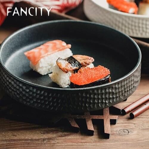 FANCITY Japanese-style ceramic salad bowl, retro deep dish, western dish, simple black and white shallow dish plate, frosted