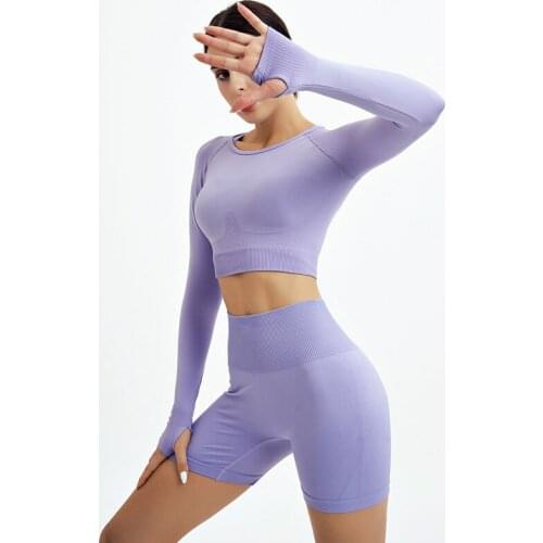 NORMOV Spring Autumn Women Sets Solid O Neck Long Sleeve Tops And High Waist Elstic Shorts Suit Fitness Skinny Two Pieces Sets