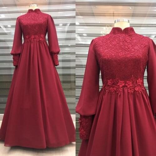 Lace Chiffon Long Sleeve Evening Dress 2021 High Neck A Line Arabic Dubai Muslim Formal Evening Party Gowns فساتين السهرة