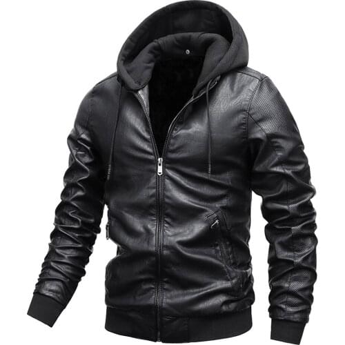 Mens Winter Plus Velvet Warm Coat Fashion PU Jacket Male Zipper Casual Side Seam Pocket Hooded Waterproof Biker Leather Jackets