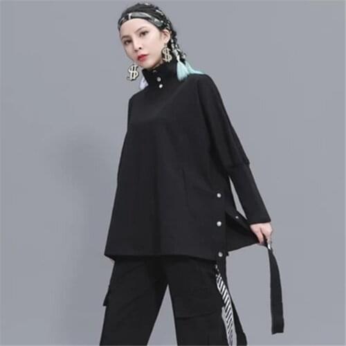 Large size black woman 2021Autumn and winter new atmospheric high collar irregular hooded bat sleeve trend
