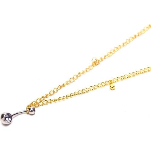 New Rhinestone Crystal Bar Waist Chain Stainless Steel Pendant Piercing Belly Barbell Navel Ring With Waist Chain 2Colors