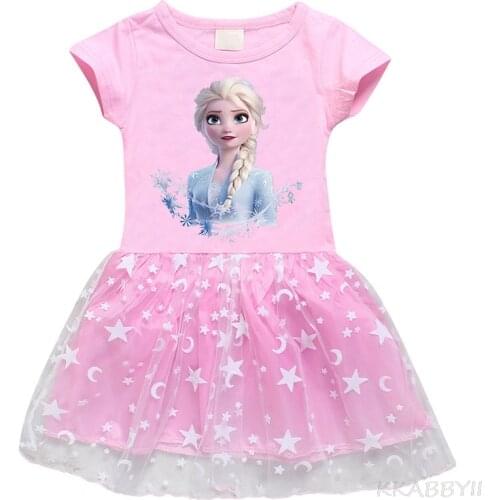 New European And American Girls Dress Cotton Frozen Cartoon Stars And Moon Gauze Short Sleeve Princess Skirt